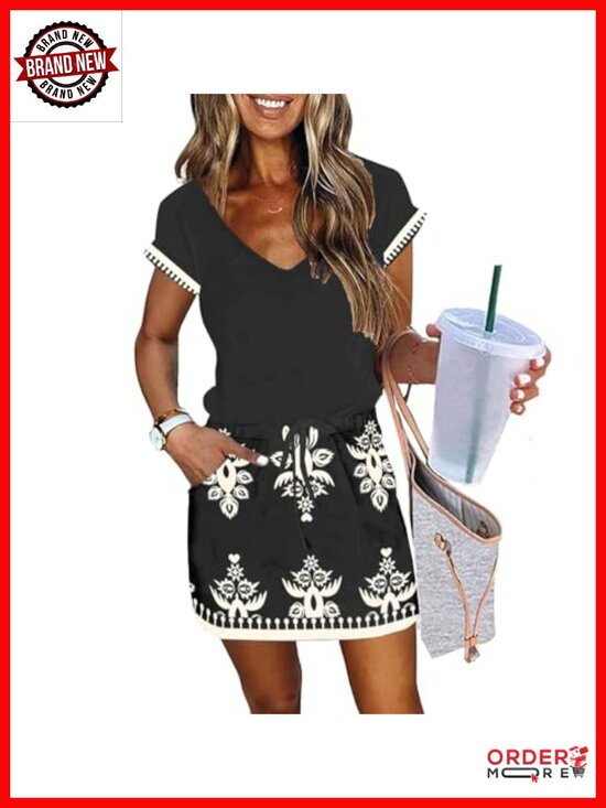 Dresses & Skirts - Women's Lantern Sleeve V-Neck Tie Front Mini Dress with Pockets